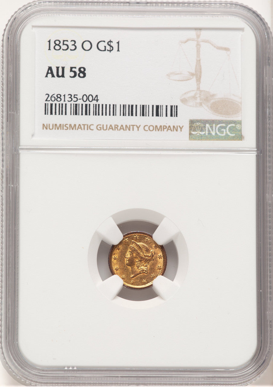 1853-O G$1 Brown Label Gold Dollar NGC AU58
