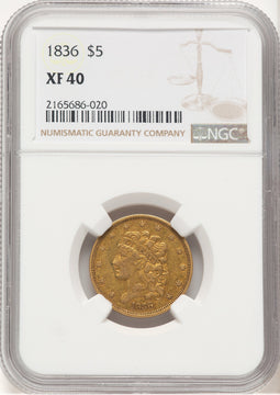 1836 $5 Brown Label Classic Half Eagle NGC XF40
