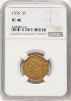 1836 $5 Brown Label Classic Half Eagle NGC XF40