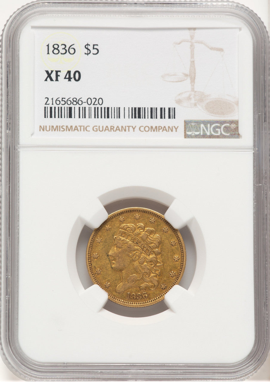 1836 $5 Brown Label Classic Half Eagle NGC XF40