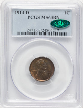 1914-D 1C BN CAC Lincoln Cent PCGS MS63