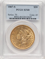1867-S $20 Liberty Double Eagle PCGS XF40