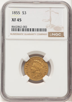 1855 $3 Three Dollar Gold Pieces NGC XF45 (779299015)
