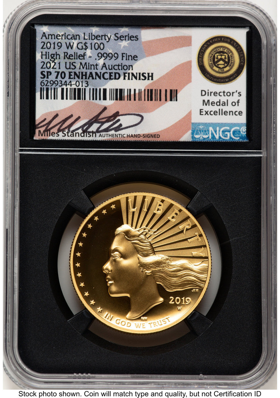 2019-W G$100 American Liberty High Relief Enhanced 2021 US Mint Auction Miles Standish NGC MS70