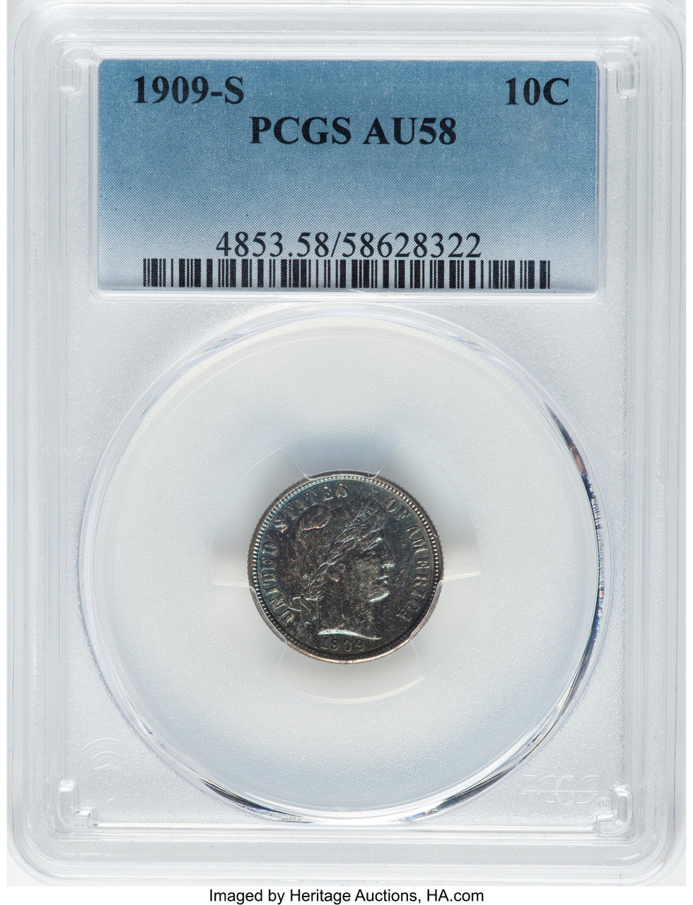 1909-S 10C Barber Dime PCGS AU58