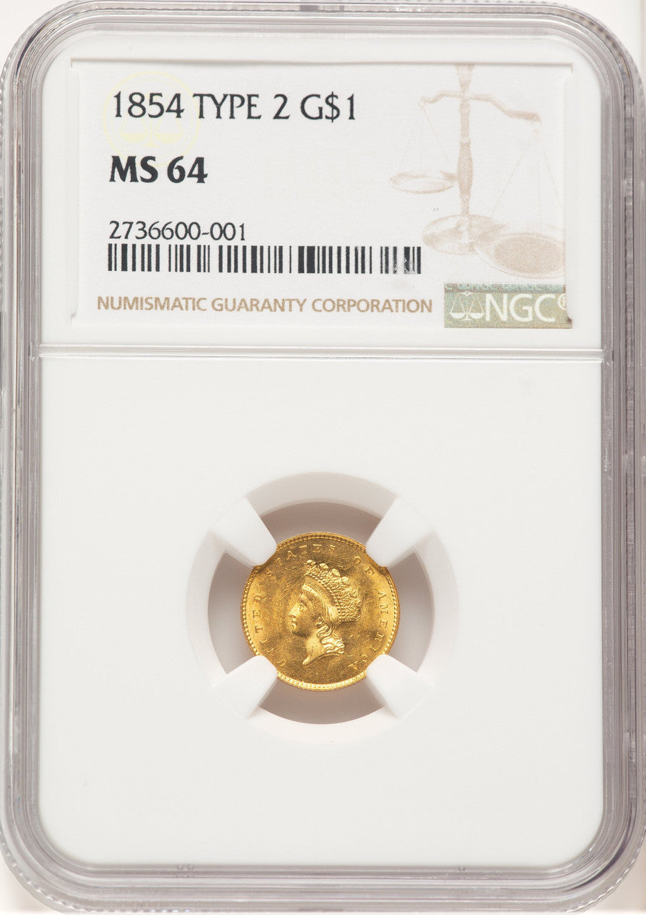 1854 G$1 Type Two Gold Dollar NGC MS64