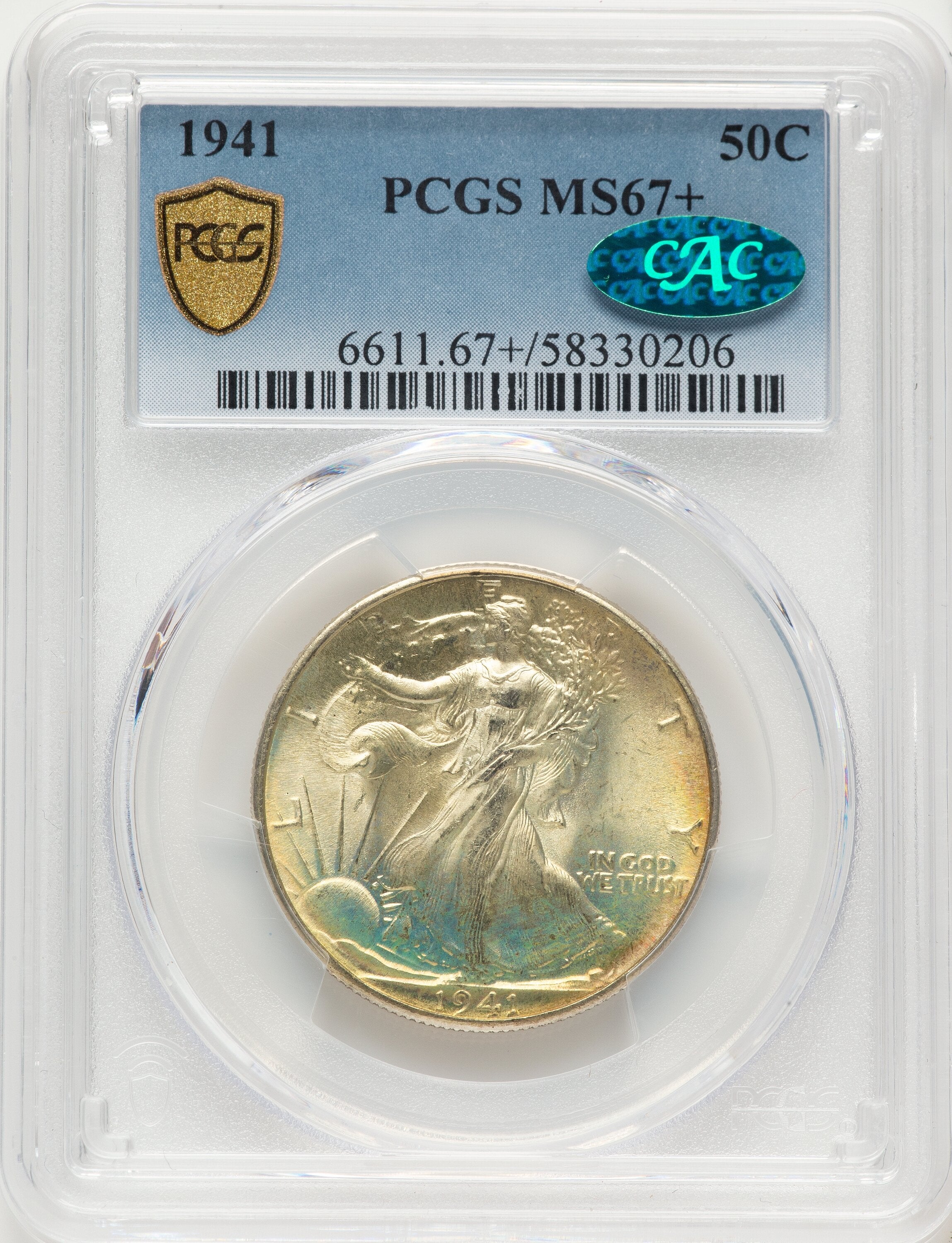 1941 50C CAC Walking Liberty Half Dollar PCGS MS67+