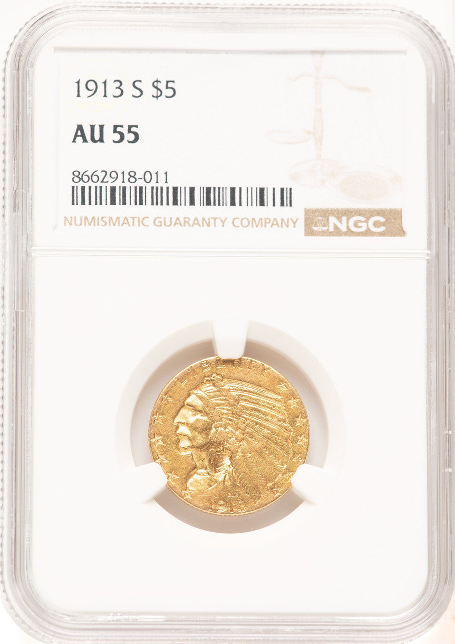 1913-S $5 Indian Half Eagle NGC AU55 (779464012)