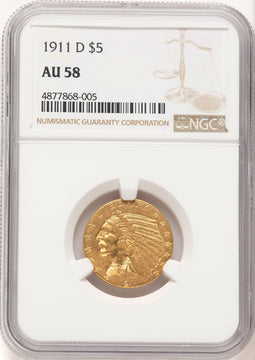 1911-D $5 Brown Label Indian Half Eagle NGC AU58