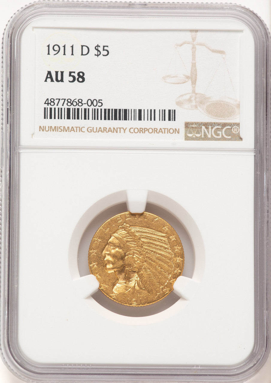 1911-D $5 Brown Label Indian Half Eagle NGC AU58