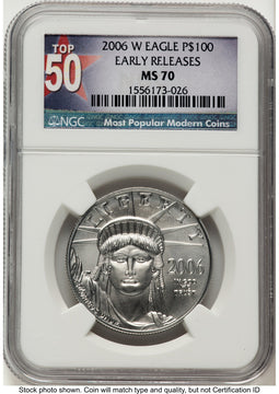 2006-W Burnished Platinum Eagle 1 oz ER Top 50 Most Popular Modern Coins Label NGC MS70