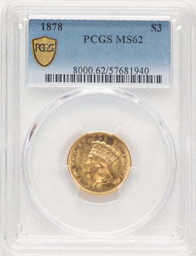 1878 $3 Three Dollar Gold Pieces PCGS MS62 (779570002)