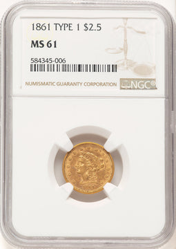 1861 $2.50 Old Rev. Brown Label Liberty Quarter Eagle NGC MS61