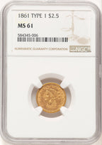 1861 $2.50 Old Rev. Brown Label Liberty Quarter Eagle NGC MS61