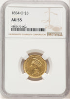 1854-O $3 Three Dollar Gold Pieces NGC AU55