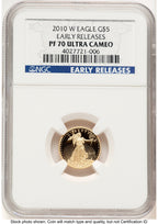 2010-W Proof Gold Eagle 1/10 oz ER Blue NGC PF70