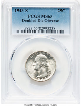 1943-S 25C FS-101 Washington Quarter PCGS MS65