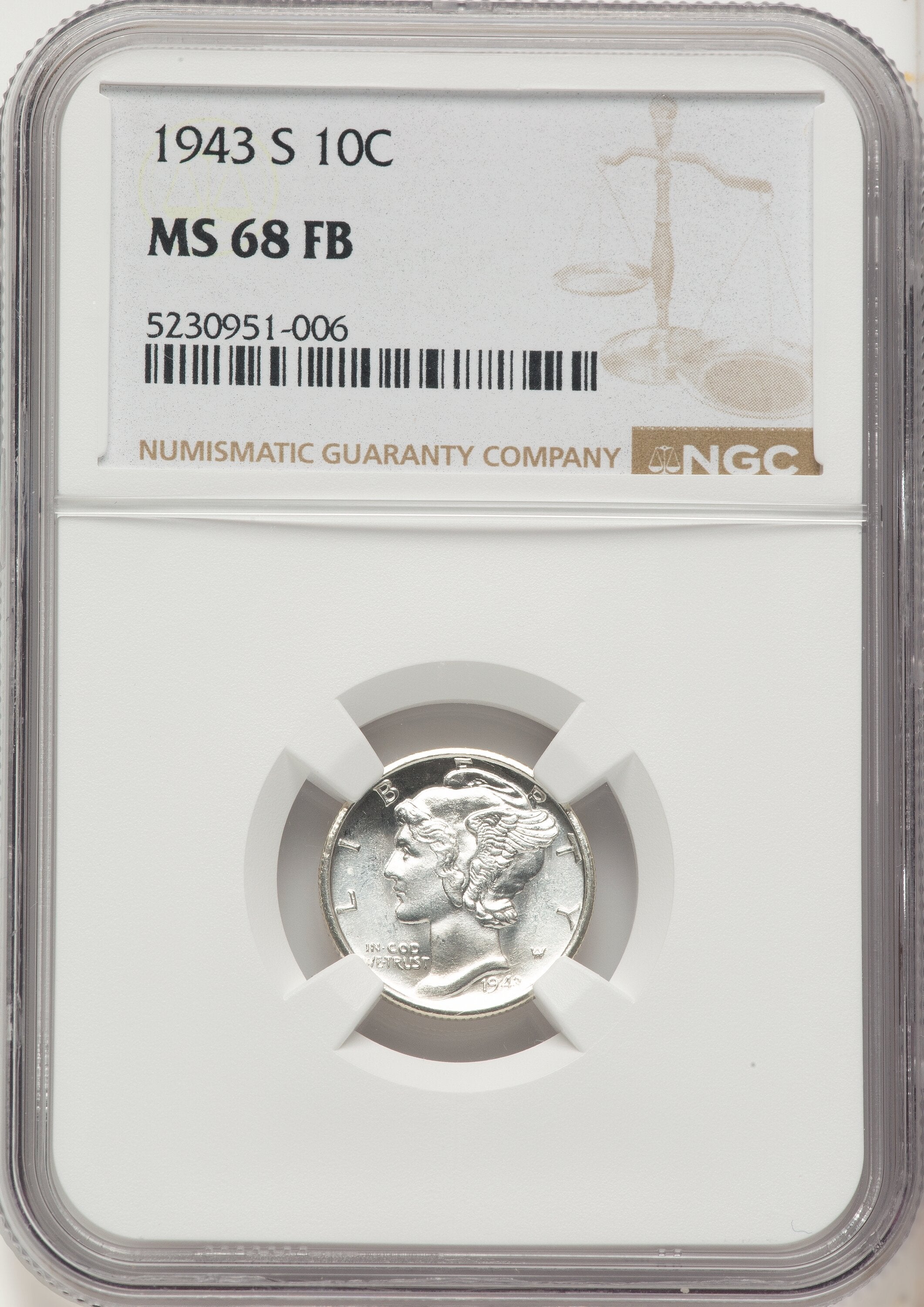 1943-S 10C FB Mercury Dime NGC MS68