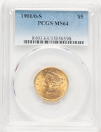 1901/0-S $5 Liberty Half Eagle PCGS MS64