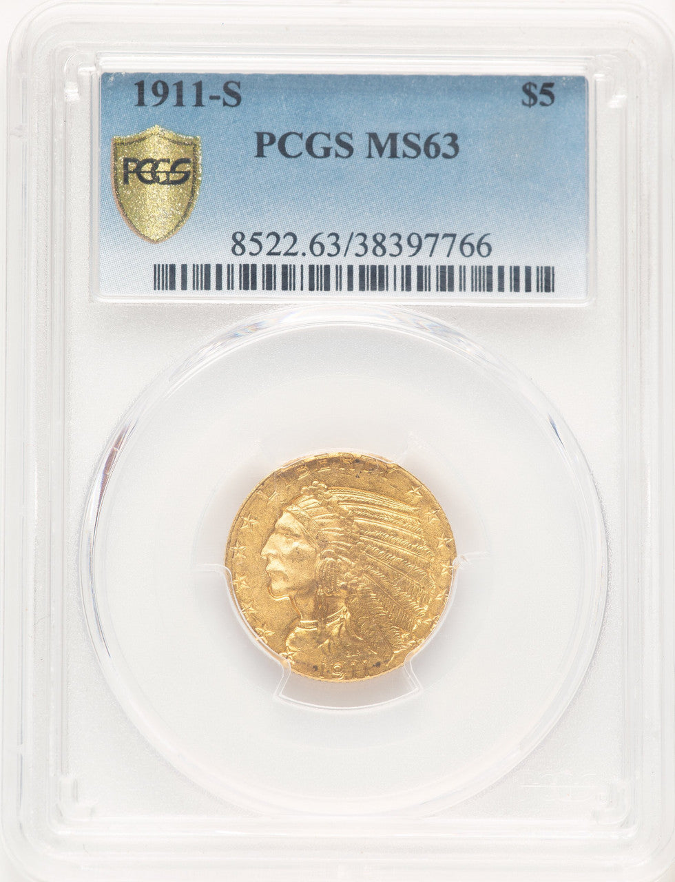 1911-S $5 Blue Gradient Indian Half Eagle PCGS MS63