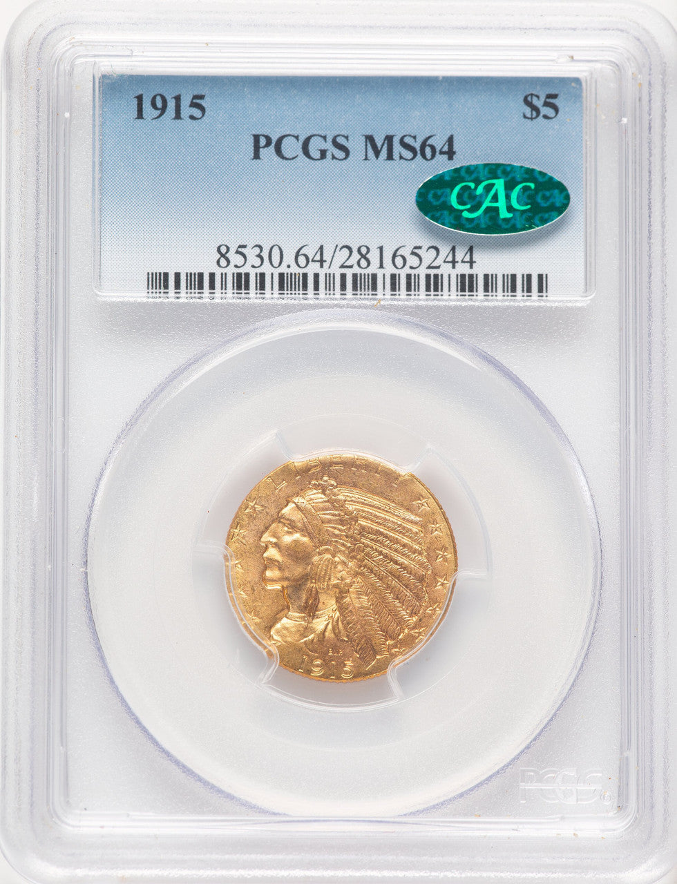 1915 $5 CAC Blue Gradient Indian Half Eagle PCGS MS64