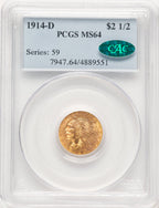1914-D $2.50 CAC Indian Quarter Eagle PCGS MS64