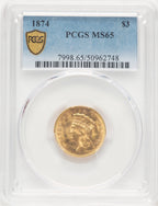 1874 $3 Three Dollar Gold Pieces PCGS MS65