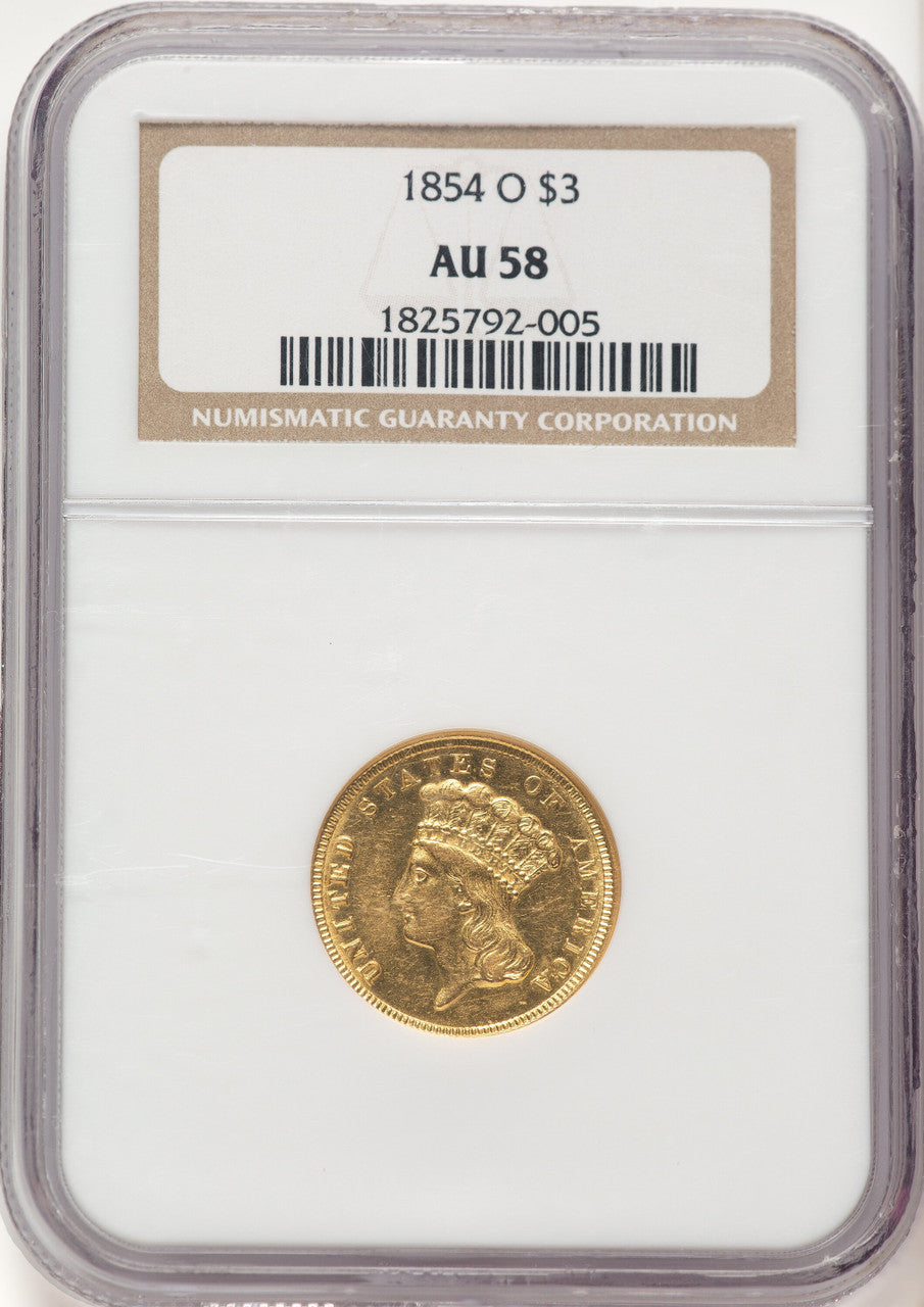 1854-O $3 Three Dollar Gold Pieces NGC AU58 (780003002)