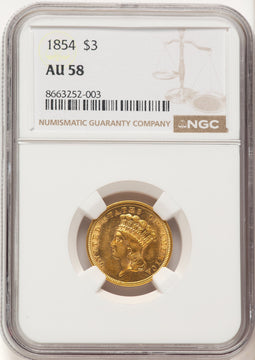 1854 $3 Three Dollar Gold Pieces NGC AU58 (780003045)