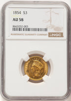 1854 $3 Three Dollar Gold Pieces NGC AU58 (780003045)