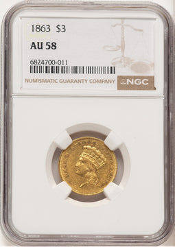 1863 $3 Three Dollar Gold Pieces NGC AU58 (780016001)