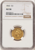 1863 $3 Three Dollar Gold Pieces NGC AU58 (780016001)