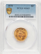 1878 $3 Three Dollar Gold Pieces PCGS MS63 (780078052)