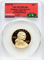 2025-W Proof Gold Sacagawea 25th Anniversary FDD Red Book CACG PR70