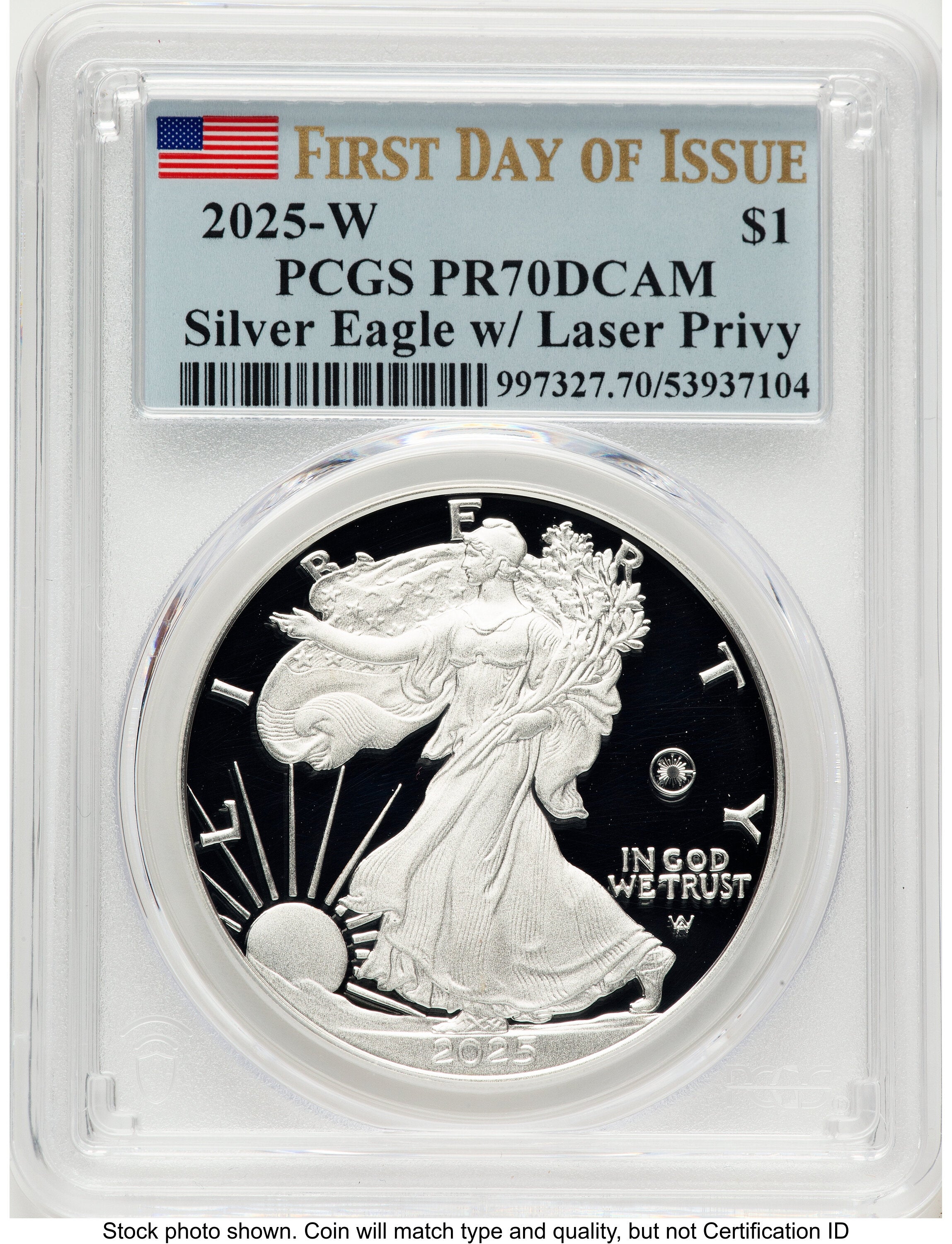 2025-W Proof Silver Eagle Privy Laser Engraved 1 oz FDI Flag PCGS PR70