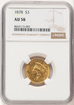 1878 $3 Three Dollar Gold Pieces NGC AU58 (780258025)