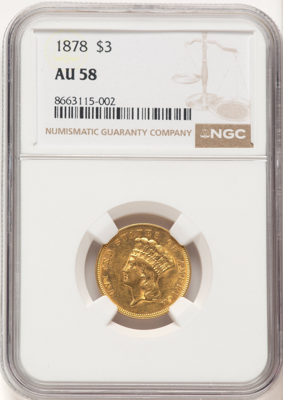 1878 $3 Three Dollar Gold Pieces NGC AU58 (780258025)