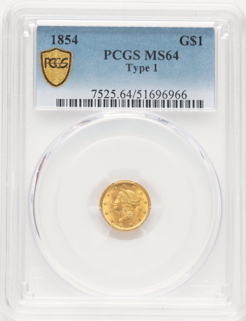 1854 G$1 T-1 Gold Dollar PCGS MS64