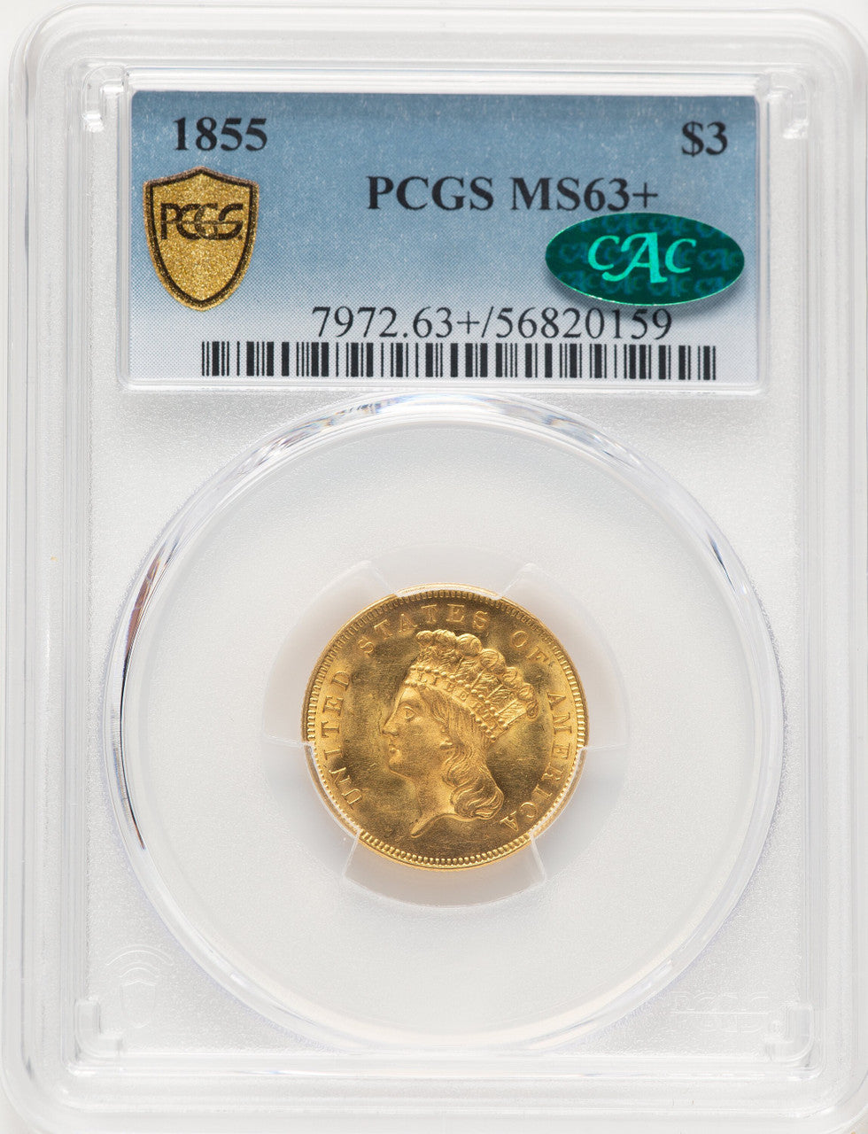 1855 $3 CAC Three Dollar Gold Pieces PCGS MS63+