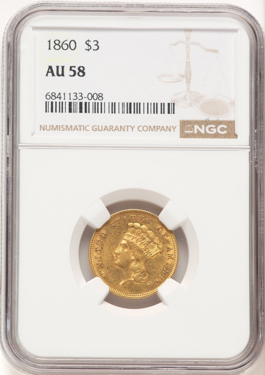1860 $3 Three Dollar Gold Pieces NGC AU58 (780378007)