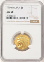 1908 $5 Indian Indian Half Eagle NGC MS66 (780378008)
