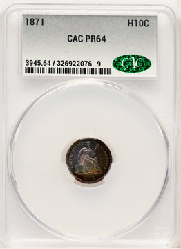 1871 H10C Proof Seated Half Dime CACG PR64