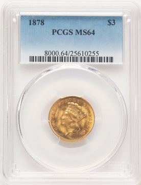 1878 $3 Three Dollar Gold Pieces PCGS MS64