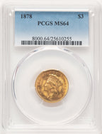 1878 $3 Three Dollar Gold Pieces PCGS MS64