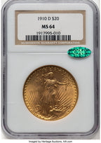 1910-D $20 CAC Saint-Gaudens Double Eagle NGC MS64
