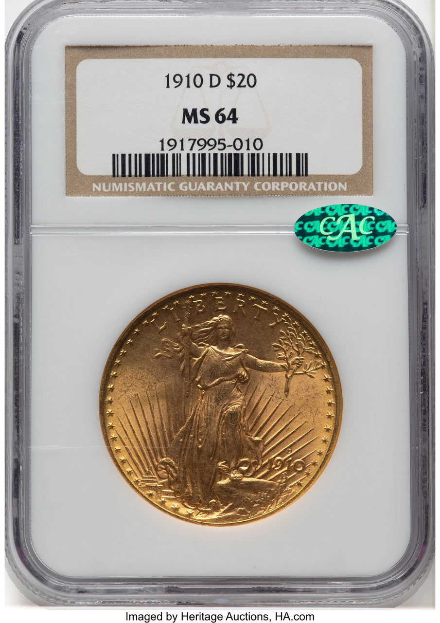 1910-D $20 CAC Saint-Gaudens Double Eagle NGC MS64