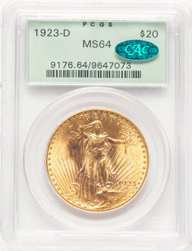 1923-D $20 CAC Saint-Gaudens Double Eagle PCGS MS64