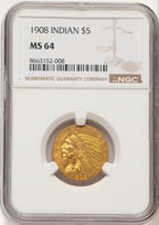 1908 $5 Indian Indian Half Eagle NGC MS64 (780457001)