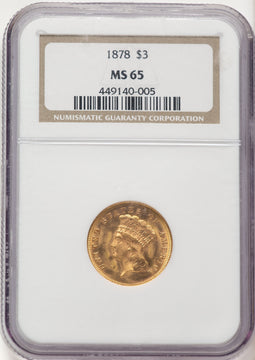 1878 $3 Three Dollar Gold Pieces NGC MS65