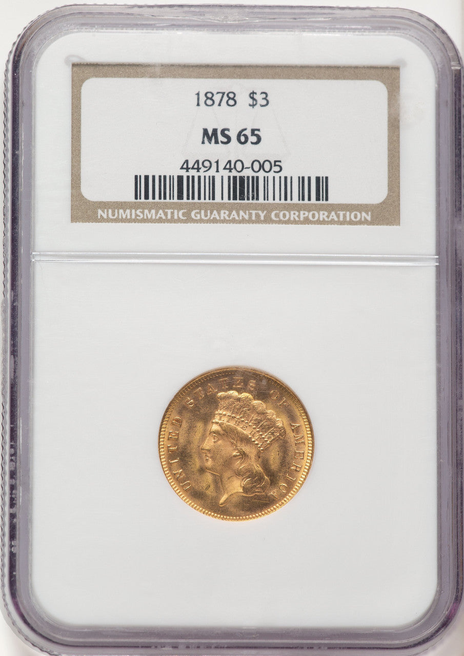 1878 $3 Three Dollar Gold Pieces NGC MS65
